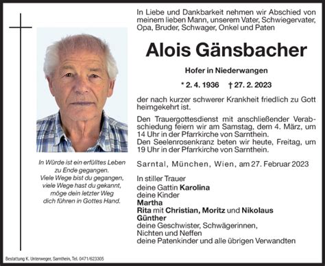 Traueranzeigen Von Alois G Nsbacher Trauer Bz