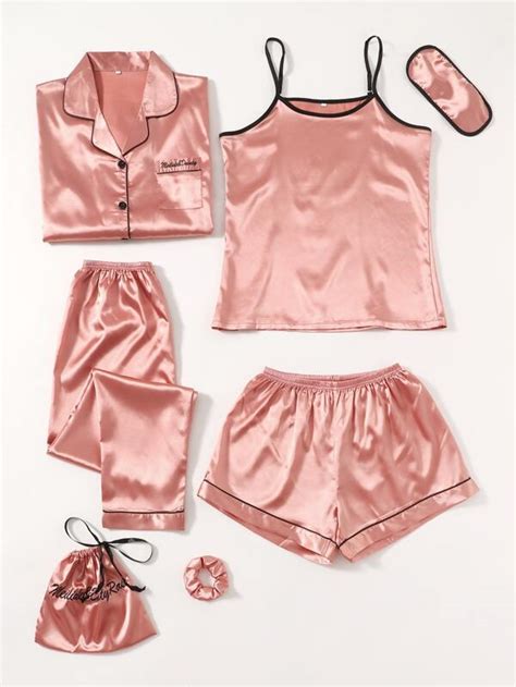 Pcs Contrast Binding Satin Pj Set Shein Usa