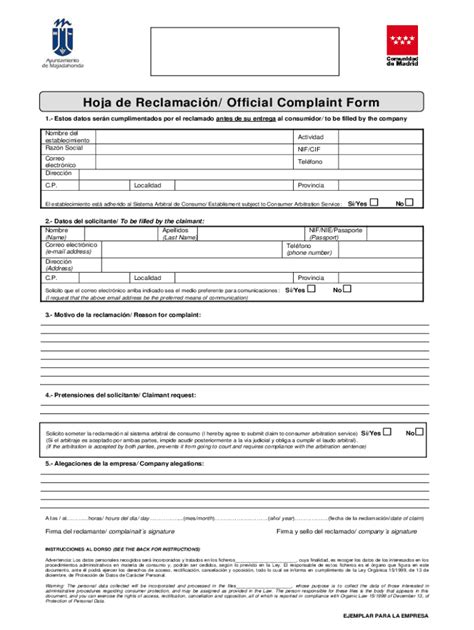 Completable En L Nea Hoja De Reclamacin Official Complaint Form Fax