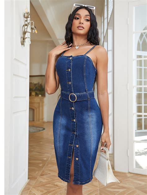 Button Front Belted Bodycon Denim Dress Shein Usa