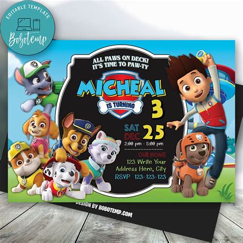 Paw Patrol Editable Para Invitaciones De Niño Descarga Instantánea Bobotemp