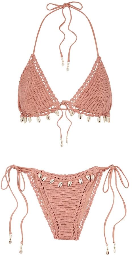 Zimmermann Cassia Rose Shell Embellished Crochet Knit Bikini