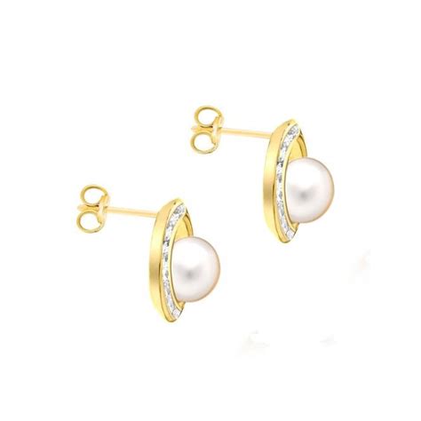 9ct Yellow Gold Cz And 6mm Pearl 12mm Stud Earrings Jewelry From