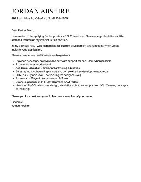 PHP Developer Cover Letter Velvet Jobs