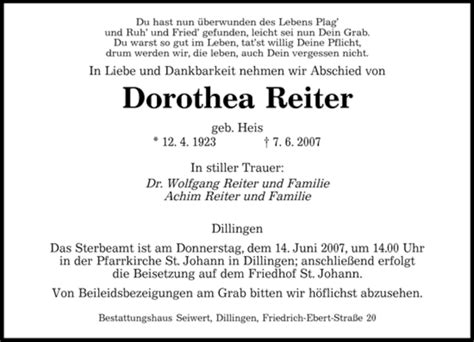 Traueranzeigen Von Dorothea Reiter Saarbruecker Zeitung Trauer De