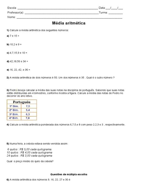 Média Aritmética Exercícios 6 Ano