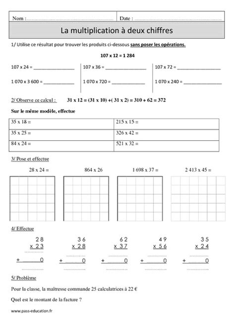 Multiplication à 2 chiffres Cm1 Exercices corrigés Calcul