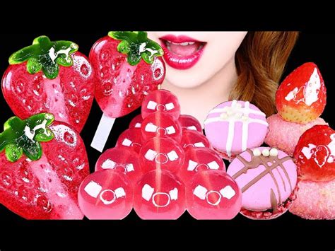 Asmr Strawberry Jelly Jewel Candy Mochi Macaron Eating Sounds