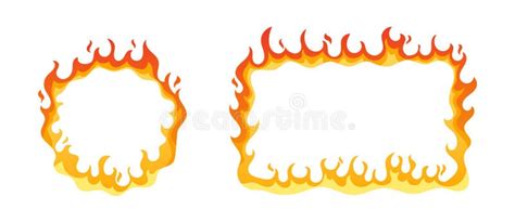 Square And Round Frames With Fire Flames Cartoon Burning Gas Borders