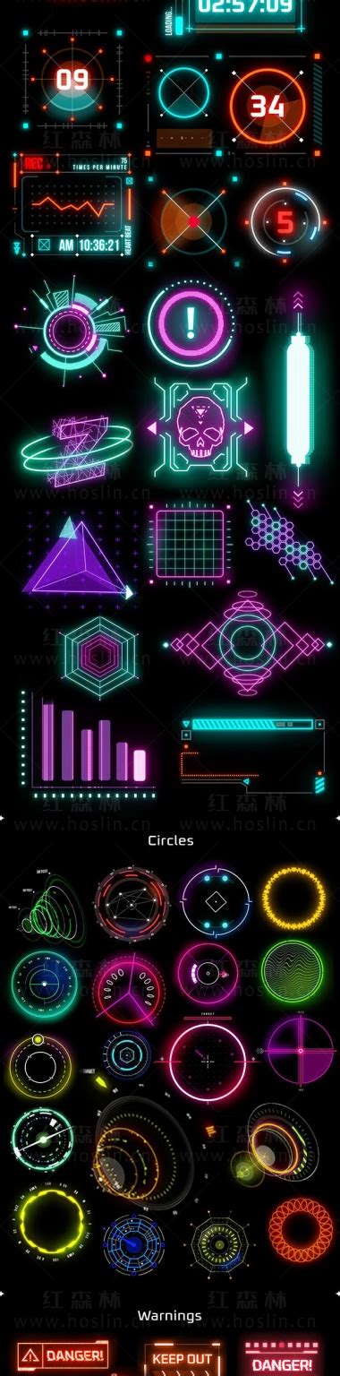 【ae脚本】523个hud科技感赛博朋克霓虹发光ui元素图形动画 Cyberpunk Hud Elements 红森林