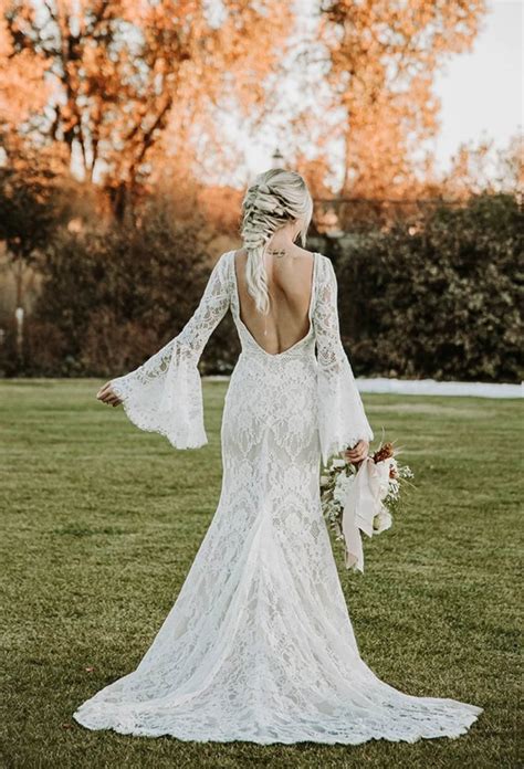 Boho Lace Long Wedding Dress Mermaid Flare Bell Sleeves Open Etsy