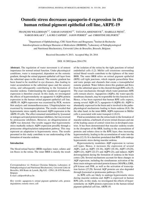 PDF Osmotic Stress Decreases Aquaporin 4 Expression In The Human