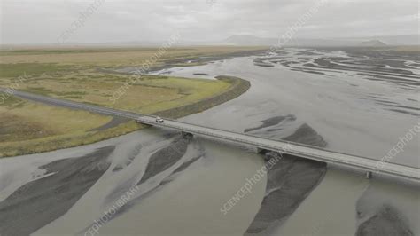 Road Crossing Glacial River Southern Iceland Drone View Stock Video