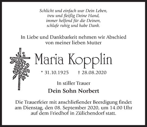 Traueranzeigen Von Maria Kopplin Trauer Anzeigen De