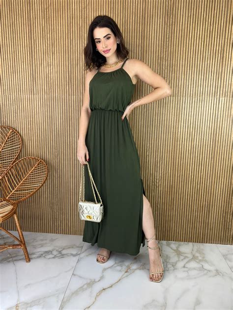 Vestido Longo de Malha Alça Fina Verde Militar Fernanda Ramos Store