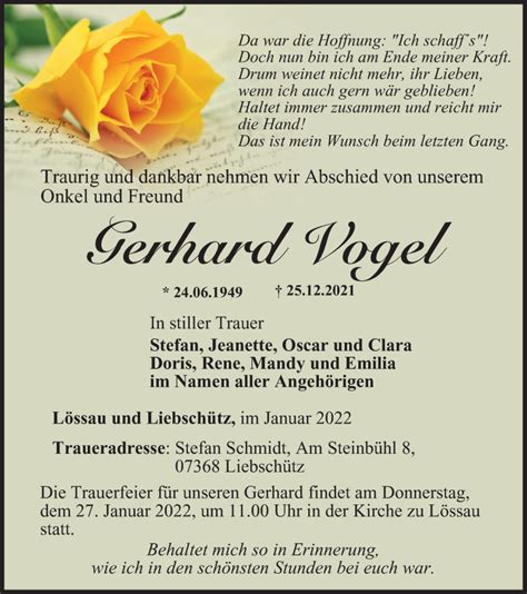 Traueranzeigen Von Gerhard Vogel Trauer In Thueringen De