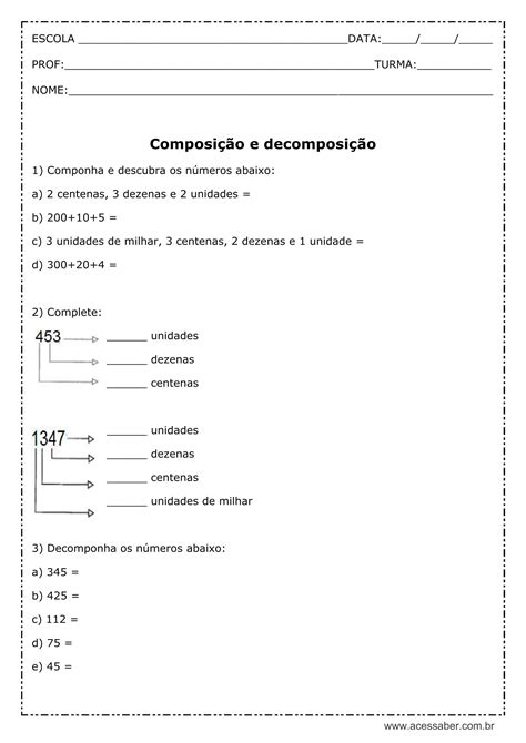 Atividade De Matemática Composição E Decomposição 4º Ano Acessaber