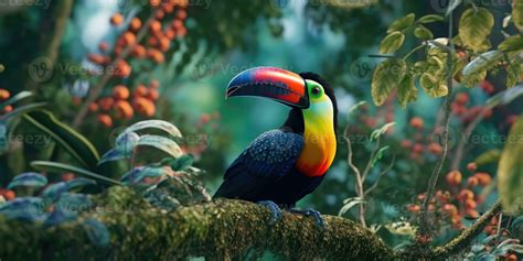 Bright colorful image of a toucan in the jungle. Exotic birds ...