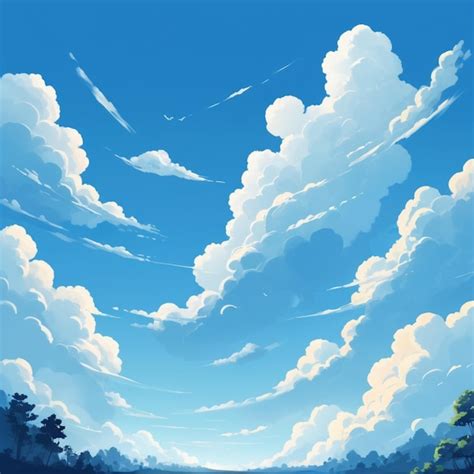 Una Pintura De Un Bosque Con Un Cielo Azul Y Nubes Vector Premium