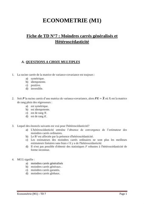 Pdf Fiche De Td N°7 Moindres Carrés Généralisés Et · Econométrie M1 Td 7 Page 1