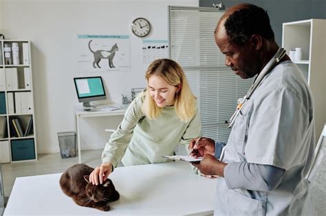 Premium Photo | Young woman with cat visiting vet clinic and having ...