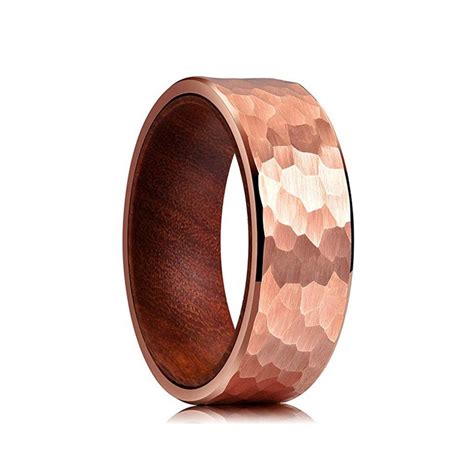 8mm Rose Gold Hammered Tungsten Carbide Wedding Ring Natural Wood