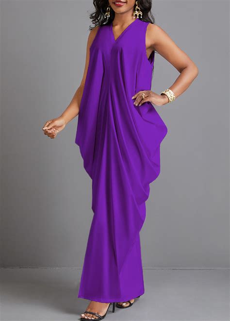 Split O Shape V Neck Purple Maxi Dress Rosewe Usd