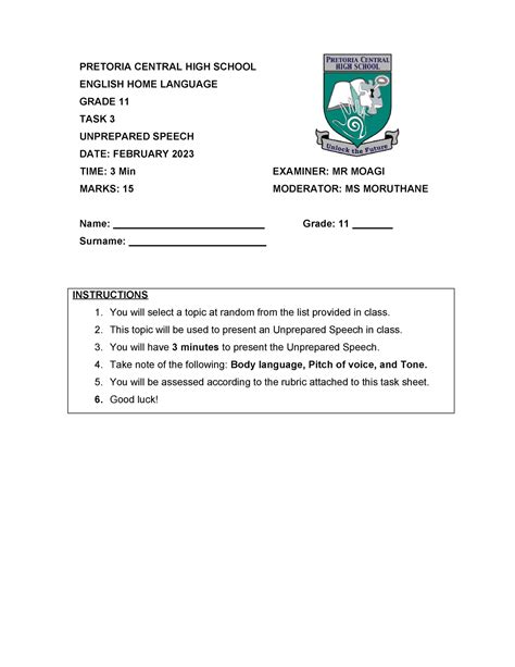 Grade Task Assessment Pretoria Central High School English