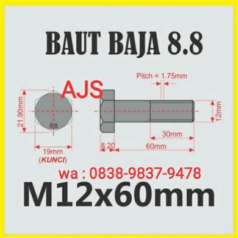 Jual Baut Mur Baja 8 8 Ft Hitam M12 X 60mm Kunci 19 Baut Baja Hitam