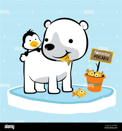 Funny Polar Bear With Penguin Eating Fish Vector Cartoon Illustration