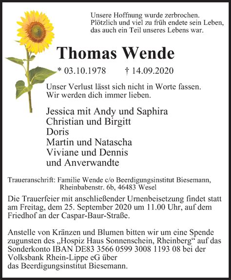 Traueranzeigen Von Thomas Wende Trauer In NRW De