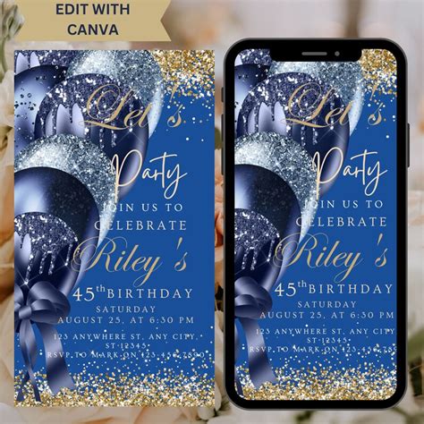 Digital Navy Gold Birthday Party Invitation Electronic Navy Blue Gold Balloons Phone Text