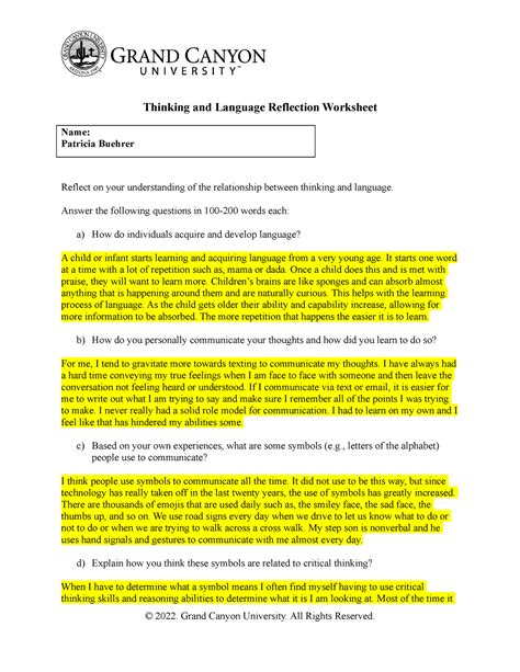 PHI105 Thinking Reflection Worksheet Thinking And Language