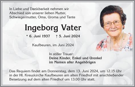 Traueranzeigen Von Ingeborg Vater Augsburger Allgemeine Zeitung