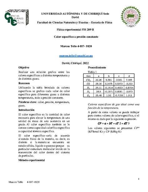 Informe de laboratorio Calor especifico a presión constante Marcos