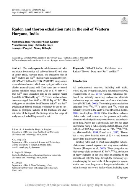 Radon And Thoron Exhalation Rate In The Soil Of Western Haryana India