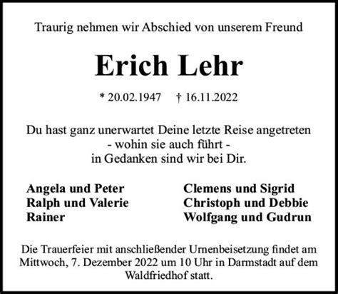 Traueranzeigen Von Erich Lehr Vrm Trauer De