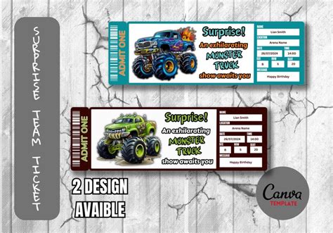 Printable Monster Truck Ticket Template, Surprise Monster Truck Ticket Editable in Canva, Gift ...