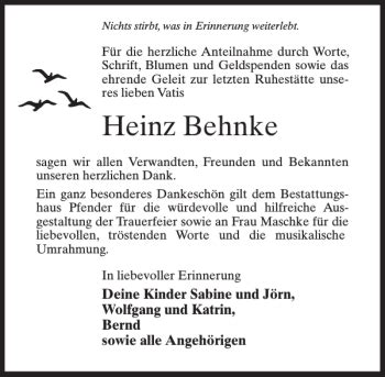 Traueranzeigen Von Heinz Behnke Trauer Anzeigen De