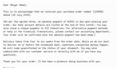 Order Acknowledgement Email Template Purchase Order Acknowledgement