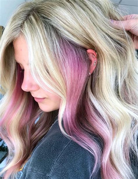 Peek A Boo Pink Color On Blonde Hair Balayage From Hairbychrissydanielle Pink Blonde Hair