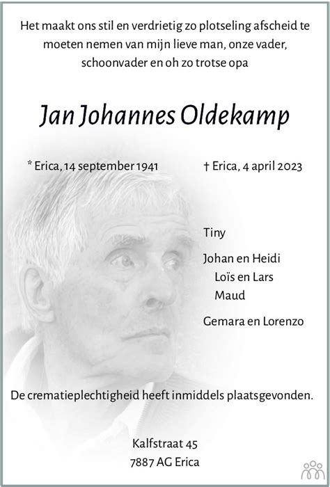 Jan Johannes Oldekamp 04 04 2023 Overlijdensbericht En Condoleances