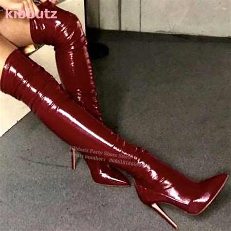 Botas De Charol Suave Para Mujer Sobre La Rodilla Estilete El Stico