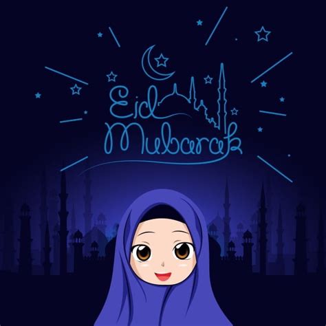 Eid Mubarak Background Mosque With Character Cartoon Character Face