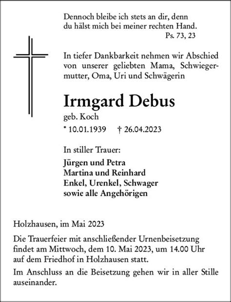 Traueranzeigen Von Irmgard Debus Vrm Trauer De