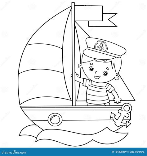 Coloring Page Outline Of Cartoon Sail Ship With Sailor On The Deck