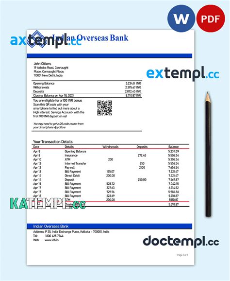 Sample India Indian Overseas Bank Statement Template In Word And Pdf