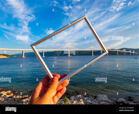 Framed By Picture Frame Peljesac Bridge Peljeski Most In Croatia Stock