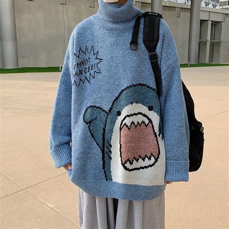 Men Shark Turtlenecks Sweater Knit Pullovers Y2k 2023 Winter Patchwor