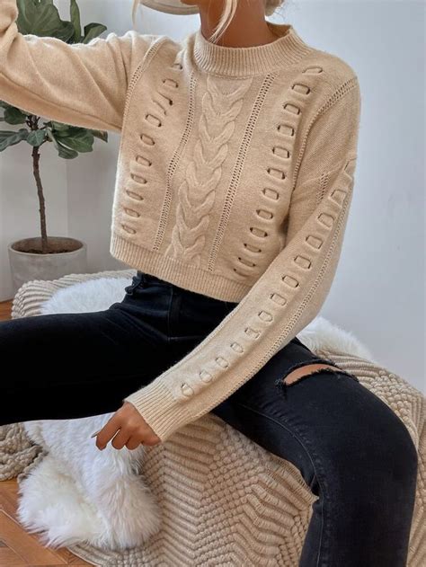 Drop Shoulder Cable Knit Crop Sweater Shein Usa In 2023 Multicolor